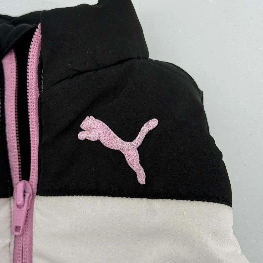 Puma Girls Vest Puffer Jacket Youth Size 4 Black White Pink Logo Full Zip Warm
